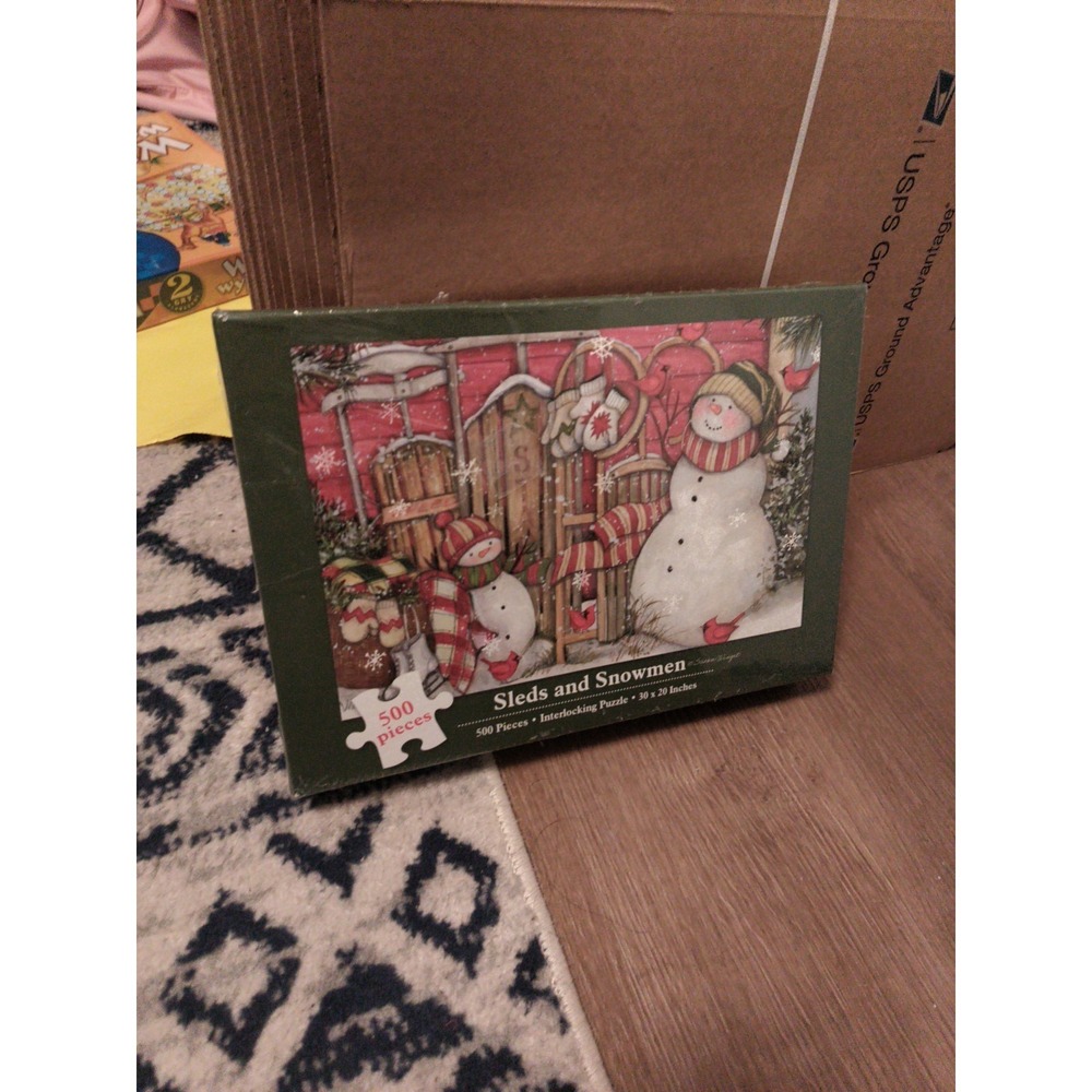 500 Pc Current SLEDS AND SNOWMEN BY SUSAN WINGET Puzzle 30x20 Complete - EUC